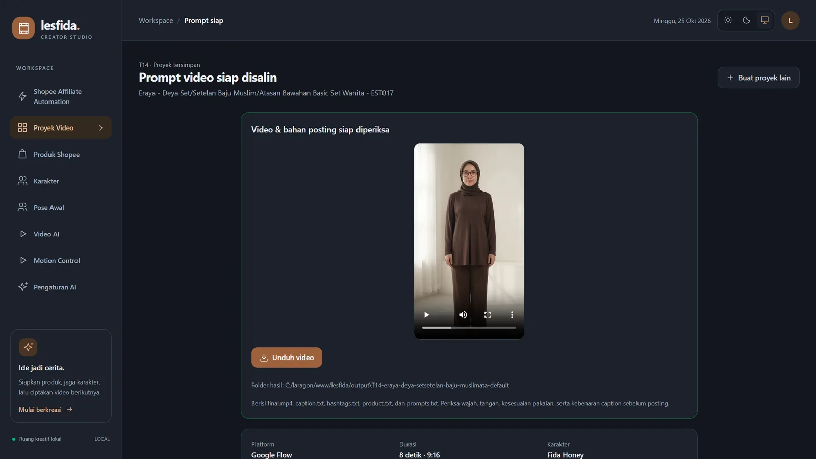 A finished project: video, caption, hashtags, and prompts