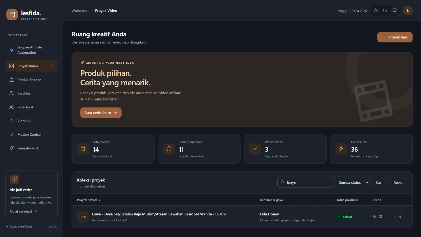 Project collection with status and credits